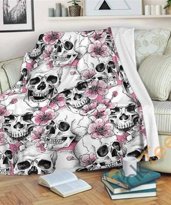 Pink Flowers Skull Pattern Sherpa Fleece Blanket Gifts for Family, for Couple