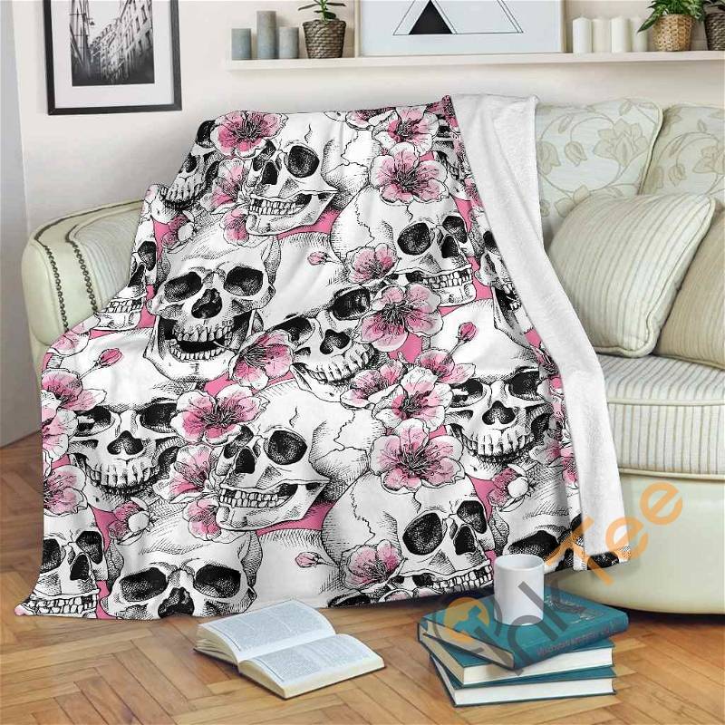 Pink Flowers Skull Pattern Sherpa Fleece Blanket Gifts for Family, for Couple