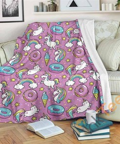 Pink Girly Unicorn Donut Pattern Sherpa Fleece Blanket Gifts for Family, for Couple