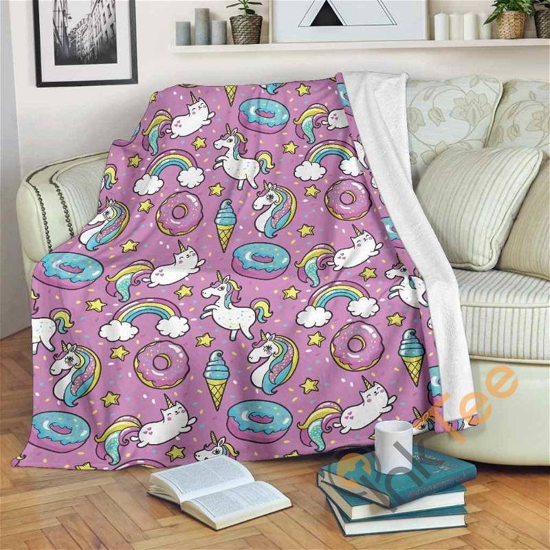 Pink Girly Unicorn Donut Pattern Sherpa Fleece Blanket Gifts for Family, for Couple