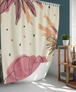 Pink Graphic Floral Shower Curtain, Botanical Flowers Simple Fabric Bathroom Curtain, House Warming Gift