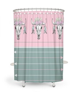 Pink Green Boho Bull Skull Shower Curtain Optional Bath Mat, Bath Towels, Bathroom Set