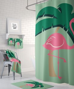 Pink Green Flamingo Shower Curtain, Tropical Bathroom Decor