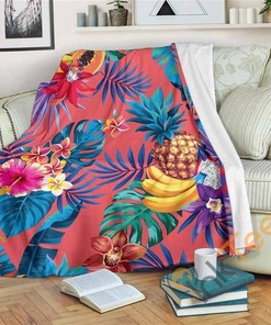 Pink Hawaiian Fruits Pattern Sherpa Fleece Blanket Gifts for Family, for Couple