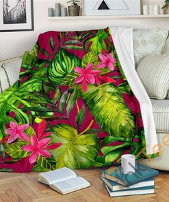 Pink Hawaiian Tropical Pattern Sherpa Fleece Blanket Gifts for Family, for Couple