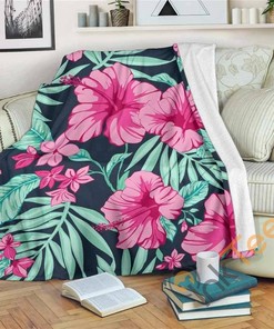 Pink Hibiscus Tropical Pattern Sherpa Fleece Blanket Gifts for Family, for Couple