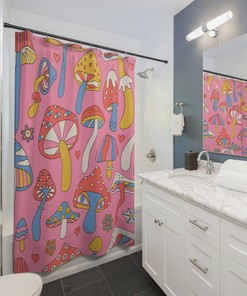 Pink Mushroom Shower Curtain, Shower Curtain Boho, Retro Shower Curtain, Boho Shower curtain, Woodland Shower Curtain