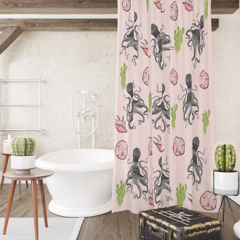 Pink Octopus Nautical Shower Curtain - Image 2