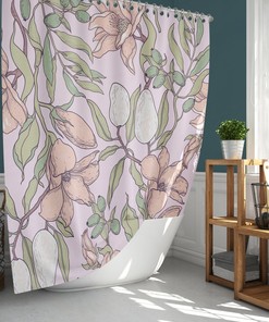Pink Purple Floral Shower Curtain, Botanical Flowers Leaves White Pear, House Warming Gift