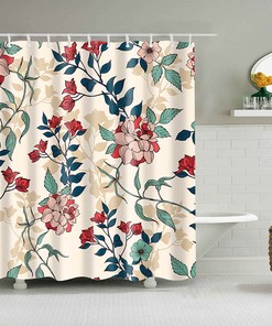 Pink Red Floral Leaves Shower Curtain, Flowers Chrysanthemum Peony Dahlia Fabric Bathroom Curtain, Bath Curtain