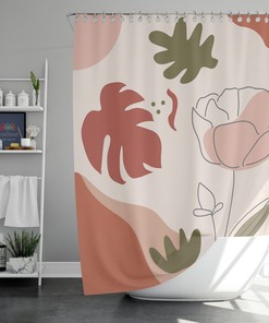 Pink Rose Boho Floral Shower Curtain, Bohemian Botanical Leaves Fabric Bathroom Curtain, House Warming Gift