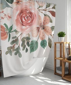 Pink Rose Watercolor Floral Shower Curtain, Botanical Summer Flowers Leaves
