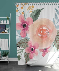 Pink Rose Watercolor Shower Curtain, Summer Floral Flowers Fabric Bathroom Curtain, House Warming Gift