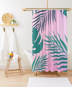 Pink Shower Curtain, Botanic Summer Curtain, Leaves Boho, Eco-Friendly Material, Floral Bathroom Decor, Summer Decor