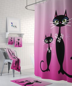 Pink Shower Curtain, Midcentury Modern Cats Bathroom Decor