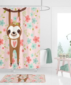 Pink Sloth Shower Curtain, Sloth Bathroom Decor, Floral Shower Curtain