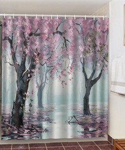 Pink Spring Cherry Blossom Flower Shower Curtain, Forest Floral Fabric Bathroom Home Decor, Bath Accessories