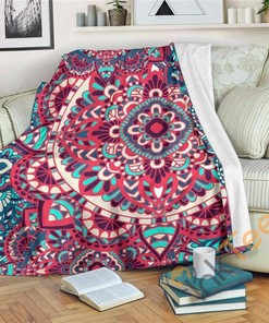Pink Teal Bohemian Mandala Pattern Sherpa Fleece Blanket Gifts for Family, for Couple