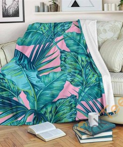 Pink Teal Tropical Leaf Pattern Sherpa Fleece Blanket Gifts for Family, for Couple