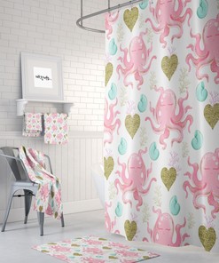 Pink and Gold Octopus Shower Curtain for Bathroom Decor, Home Decor