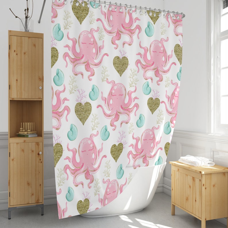 Pink and Gold Octopus Shower Curtain for Bathroom Decor, Home Decor - Image 2