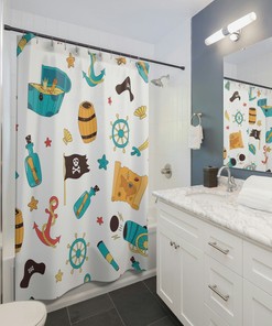 Pirate Theme Shower Curtain, Nautical Print, Sea Sailor Shower Curtain, Ocean Theme Bathroom, Nautical Shower Curtain, Coastal Bathroom