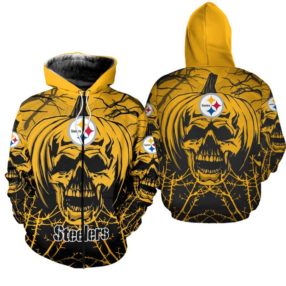 Pittsburgh Steelers Hoodie Halloween Pumpkin Skull Print Zip Hoodie - Image 2