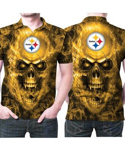 Pittsburgh Steelers Logo Fire Skull Printed 3D All Over Print Polo Shirt