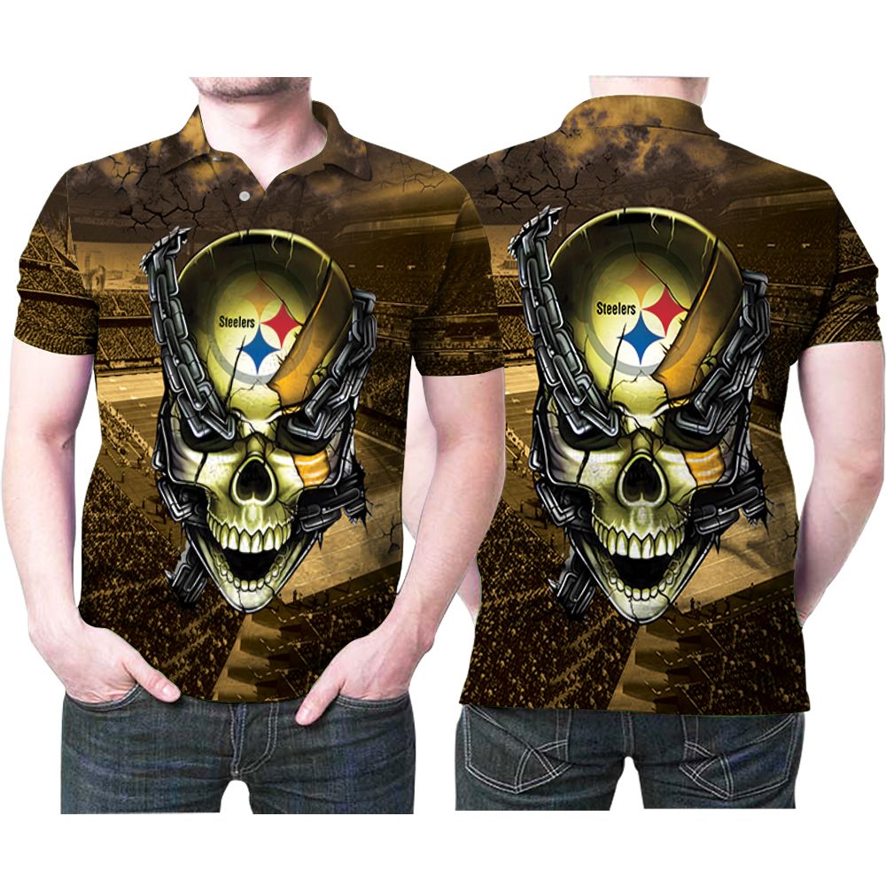 Pittsburgh Steelers Skull Chain Logo Printed 3D All Over Print Polo Shirt