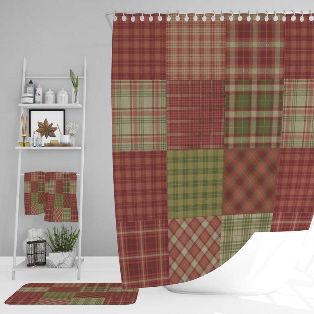 Plaid Autumn Shower Curtain Optional Add Baths, Towels