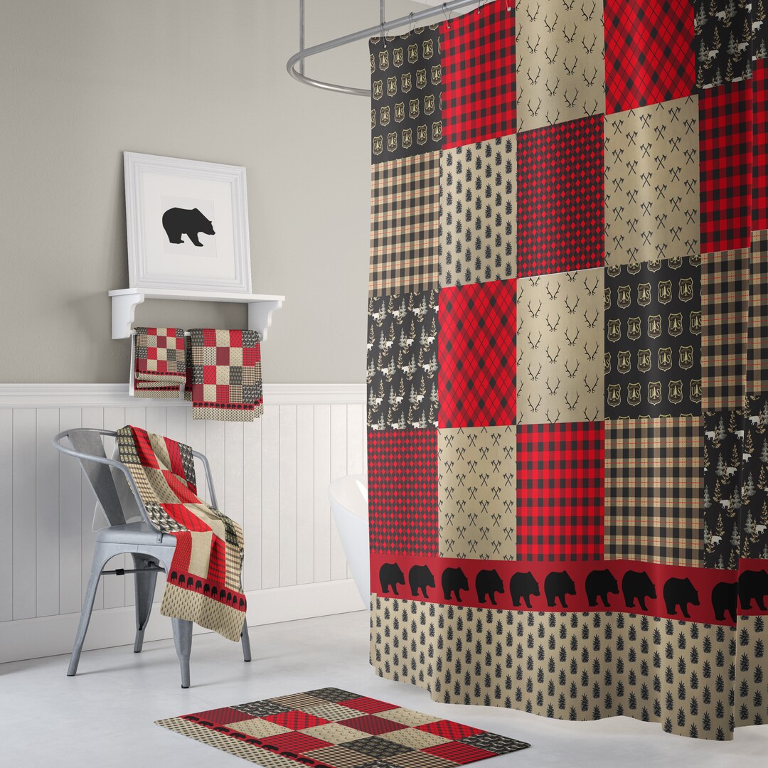 Plaid Woodland Shower Curtain Bathroom Decor Optional Set Buffalo Plaid