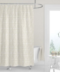 Premium Fabric Neutral Beige White Floral Shower Curtain