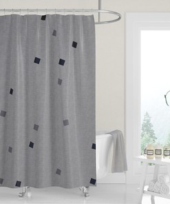 Premium Fabric Shower Curtain Neutral Gray Shades Geometric Minimalist Confetti Cutouts Linen Print Modern Lifestyle