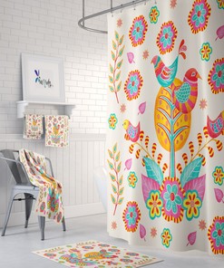 Pretty Bird Shower Curtain Colorful Folk Art Bathroom Decor