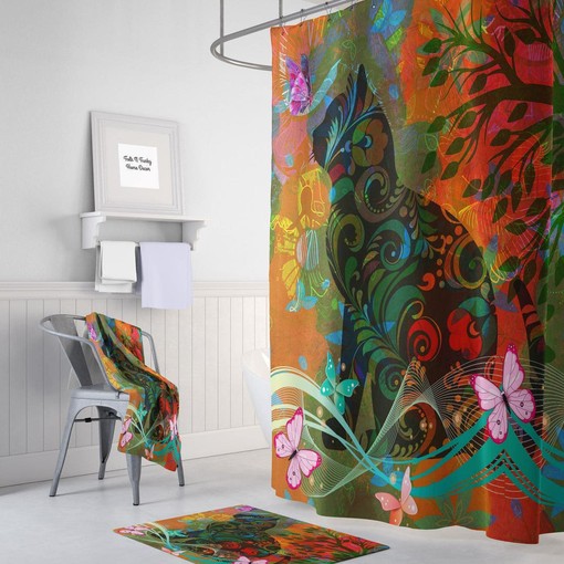 Psychedelic Cat Shower Curtain, Boho Hippie Bathroom Decor