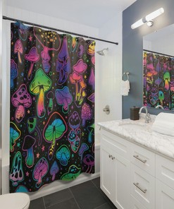 Psychedelic Magic Glowing Mushrooms Shower Curtain, Mushroom Shower Curtain, Midcentury Modern Shower Curtain