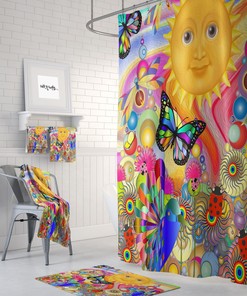 Psychedelic Sunshine Shower Curtain, Boho Hippie Bathroom Decor