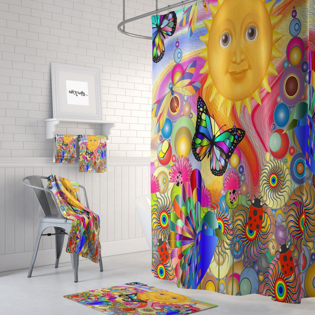 Psychedelic Sunshine Shower Curtain, Boho Hippie Bathroom Decor