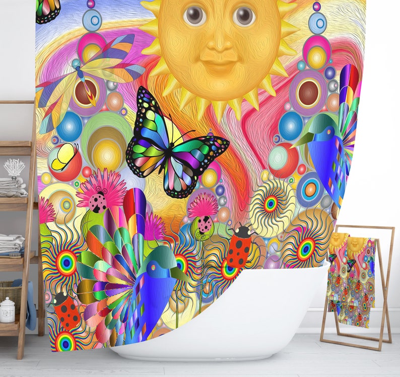 Psychedelic Sunshine Shower Curtain, Boho Hippie Bathroom Decor - Image 2