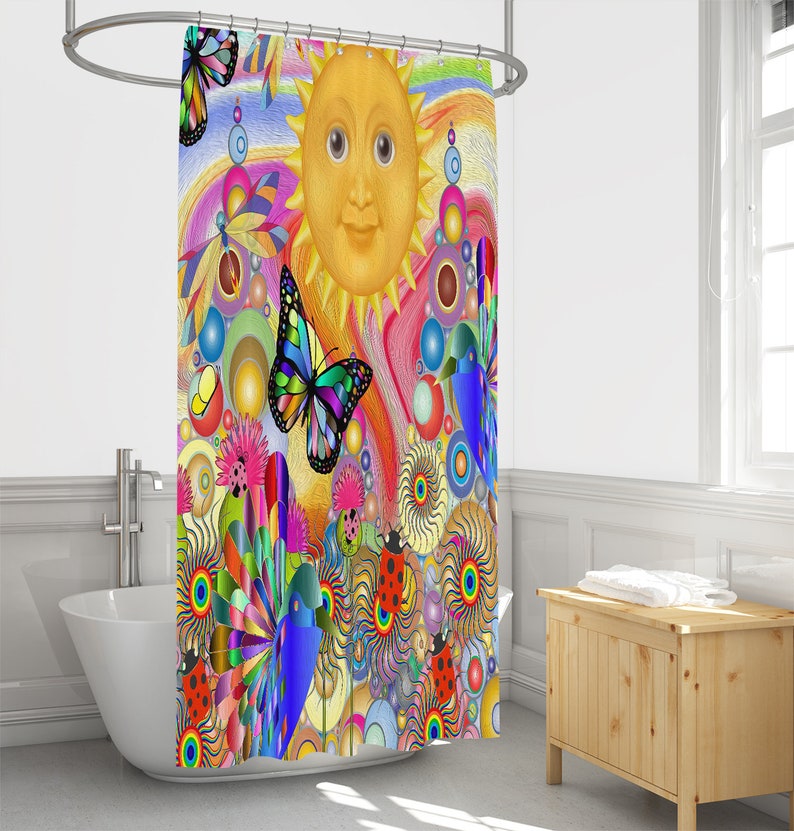 Psychedelic Sunshine Shower Curtain, Boho Hippie Bathroom Decor - Image 3