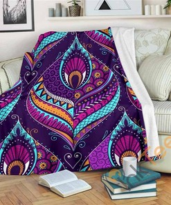 Purple Bohemian Peacock Feather Sherpa Fleece Blanket Gifts for Family, for Couple