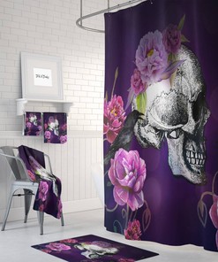 Purple Floral Skull Shower Curtain, Bath Mat, Towels, Skull, Raven Crow, Gothic