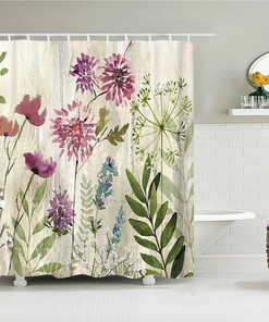 Purple Floral Watercolor Shower Curtain, Minimalist Flowers Dandelion Chrysanthemum Fabric Curtain