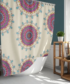 Purple Mandala Floral Shower Curtain, Graphic Geometric Line Flowers, House Warming Gift