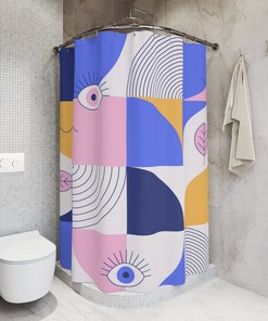Purple Retro Shapes Personalized Shower Curtain With Minimalistic Contemporary Art Design For Apartment Bathroom
