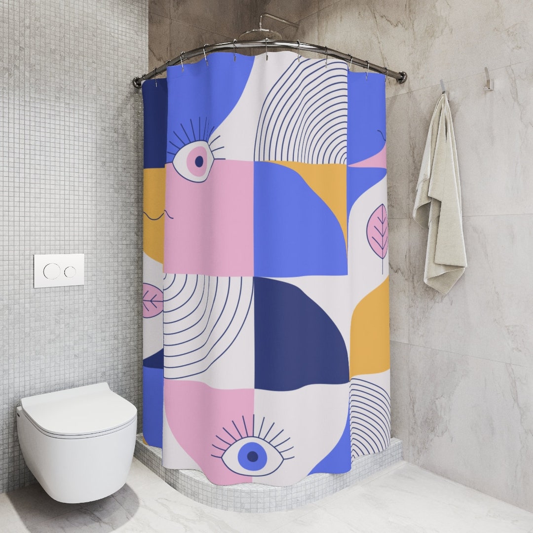 Purple Retro Shapes Personalized Shower Curtain With Minimalistic Contemporary Art Design For Apartment Bathroom