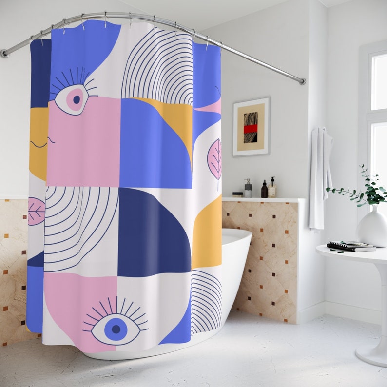 Purple Retro Shapes Personalized Shower Curtain With Minimalistic Contemporary Art Design For Apartment Bathroom - Image 2