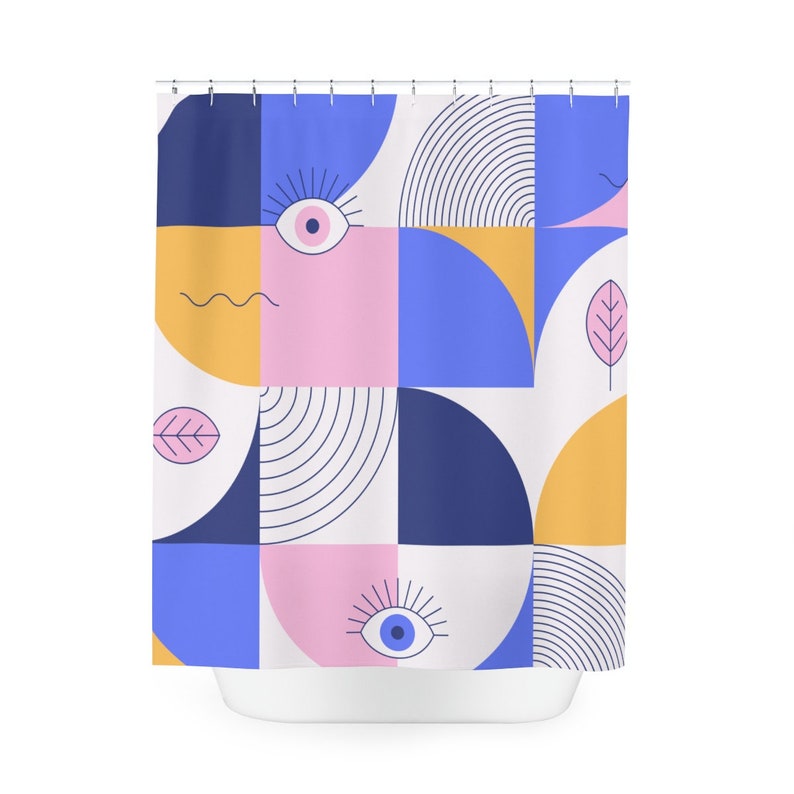 Purple Retro Shapes Personalized Shower Curtain With Minimalistic Contemporary Art Design For Apartment Bathroom - Image 4
