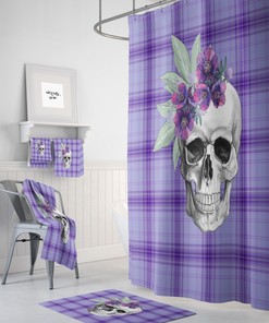 Purple Skull Shower Curtain, Sugar Skulls, Day Of The Dead, Bath Mat, Towels