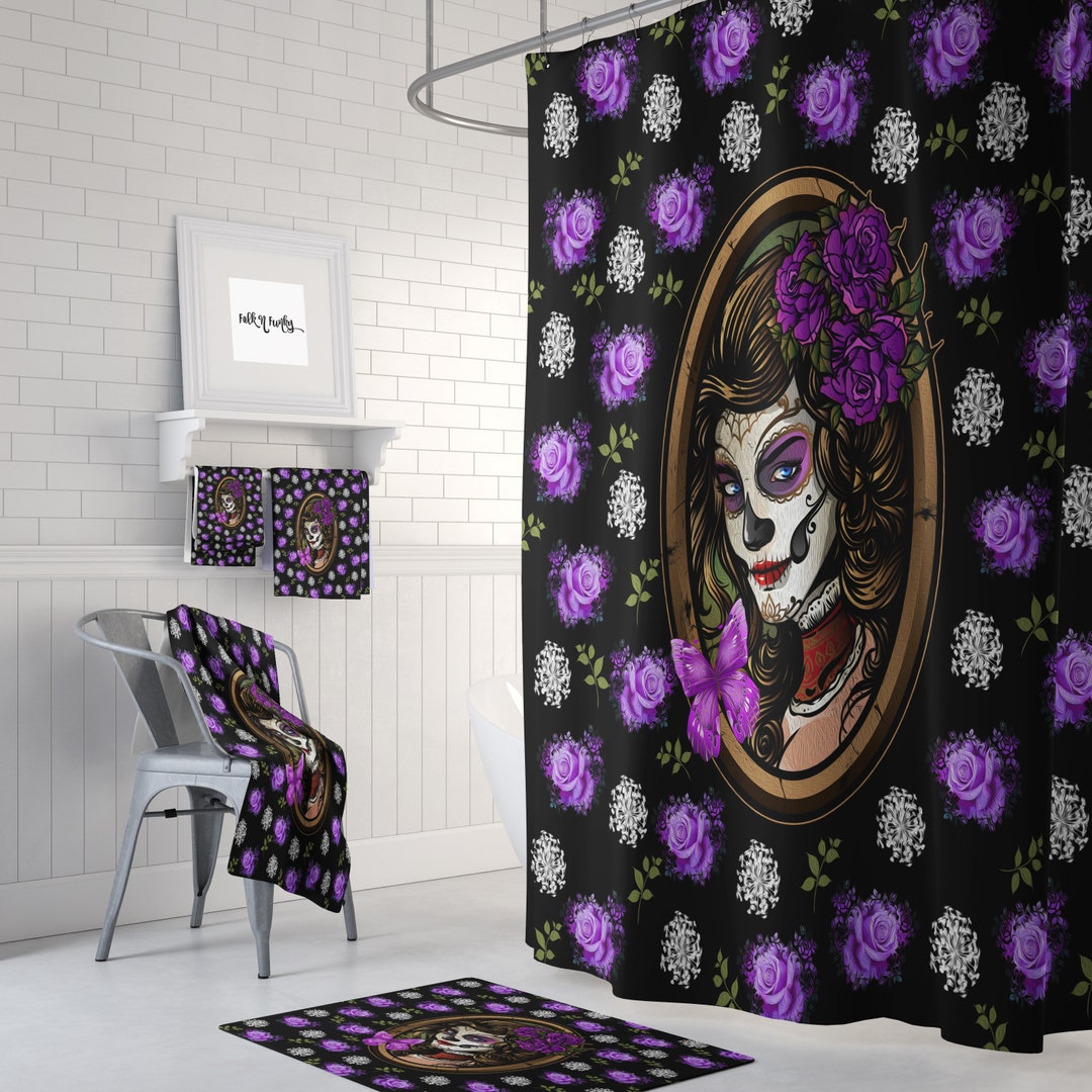 Purple Sugar Skull Shower Curtain, Day Of The Dead Decor